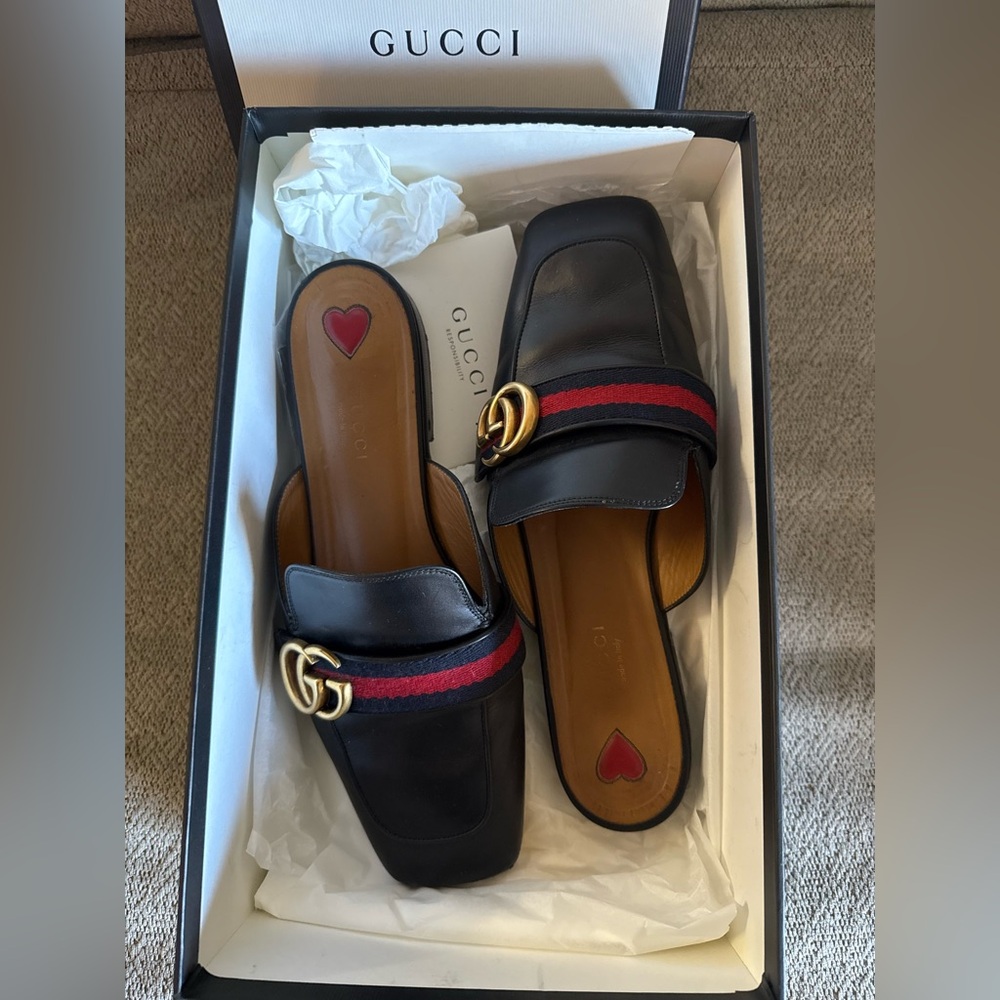 Gucci Black Slides with Red and Blue Accents